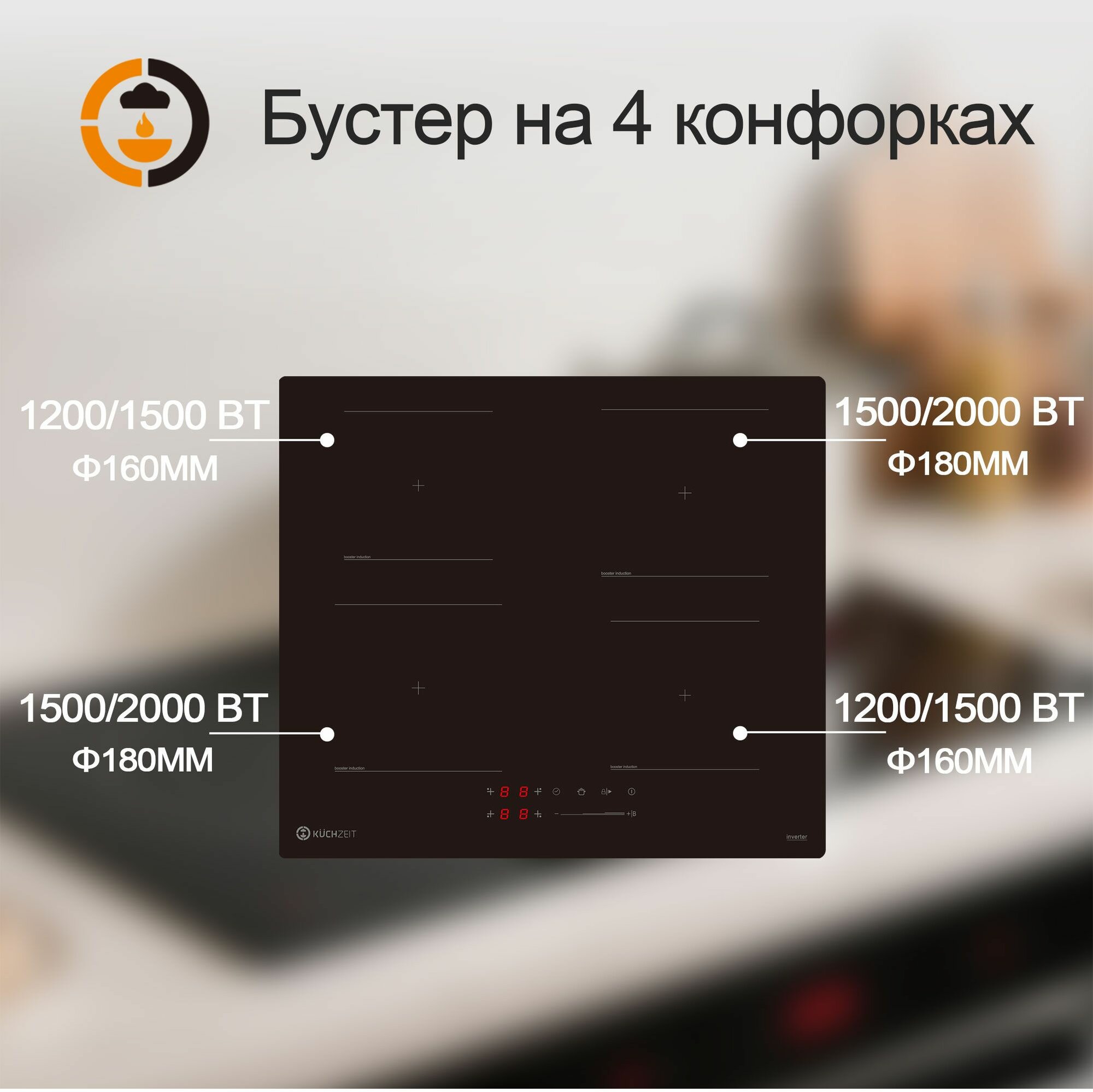 Встраиваемые Варочные Панели Xiaomi Индукционная варочная панель Kuchzeit KHI600SB Сенсорное управление, Мощность 7000 Вт, Таймер, Защитное автоотключение, 4 конфорки, 9 уровней мощностей