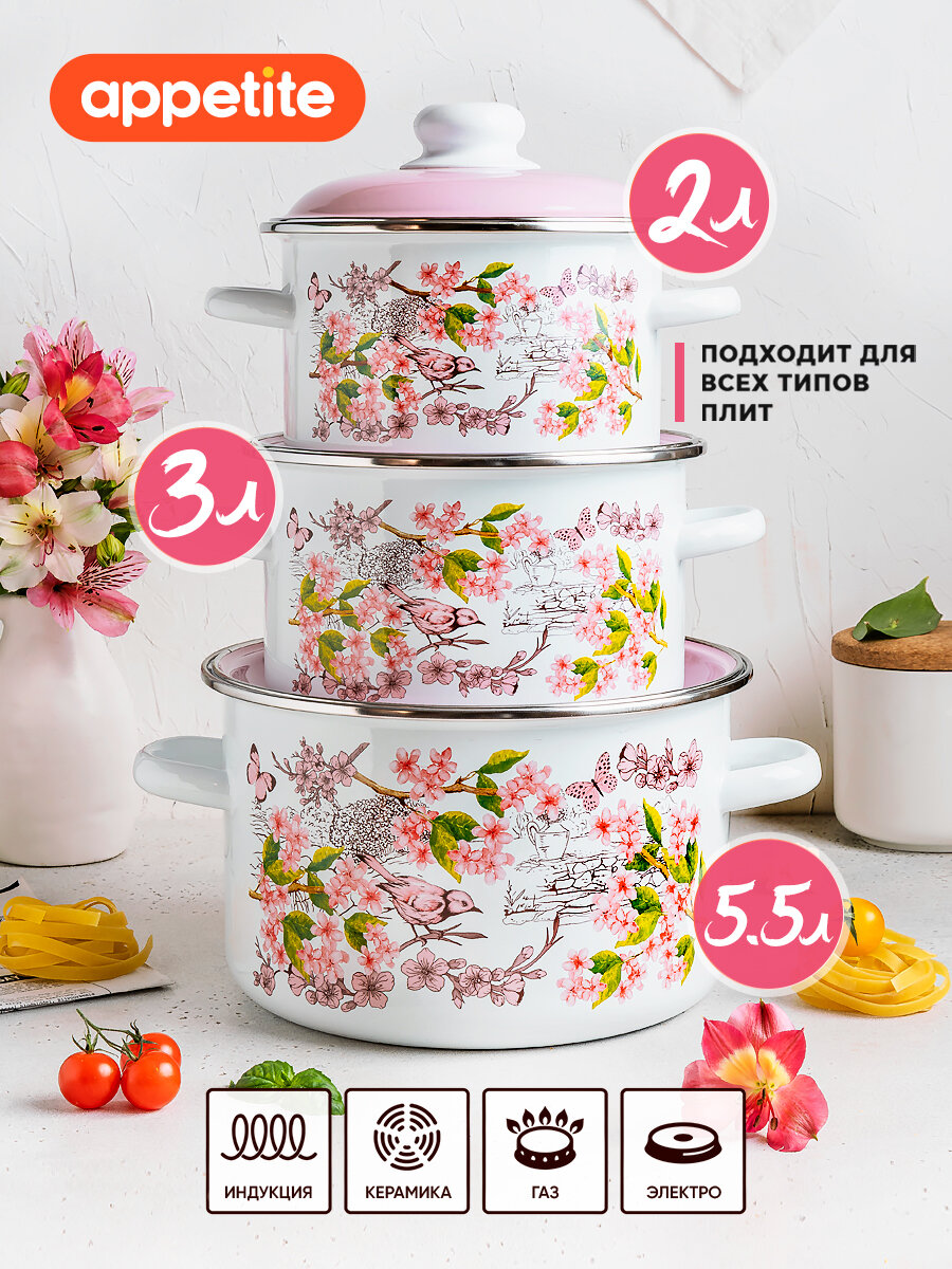 Набор эмалированных кастрюль Bird 3 предмета ТМ Appetite (2л3л5.5л)