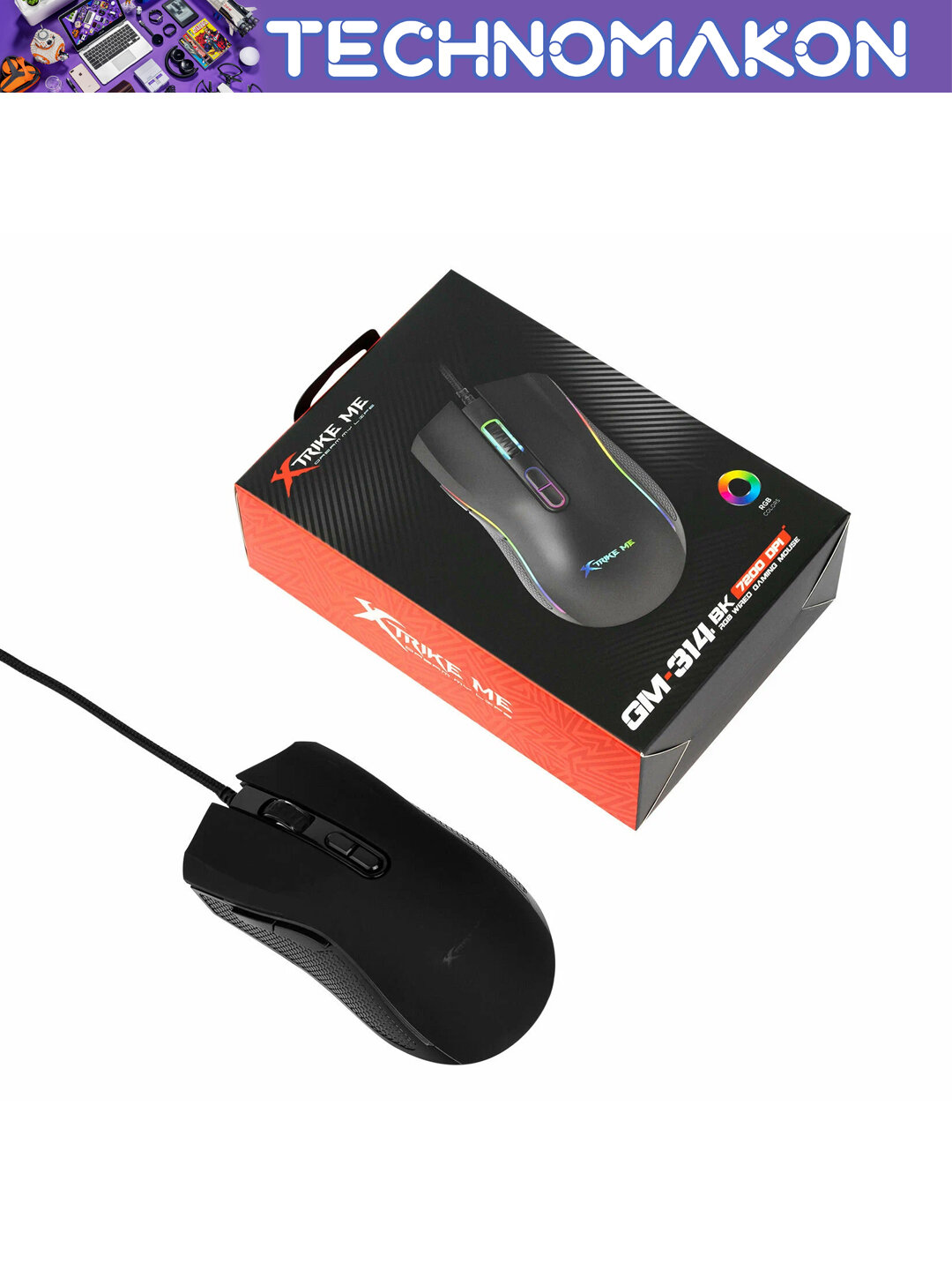 Компьютерная игровая мышь проводная Xtrike GM-314 с RGB подсветкой, 7 кнопок, 7200 DPI, USB — фото 1