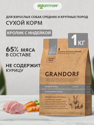 Изображение товара Сухой корм Grandorf Rabbit & Turkey для взрослых собак средних и крупных пород Кролик и индейка, 1 кг.