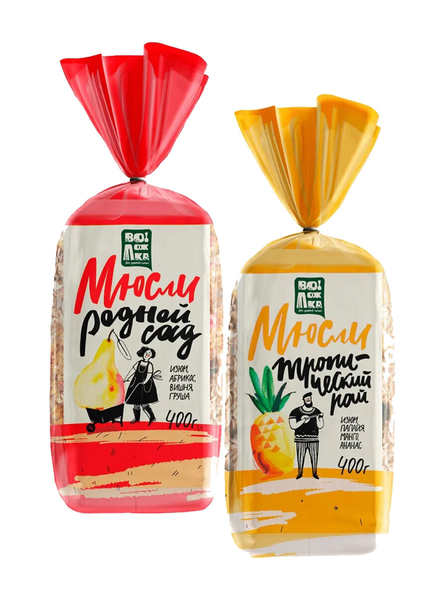 Мюсли 2шт по 400г (изюм, папайя, манго, ананас), (изюм, абрикос, вишня, груша)