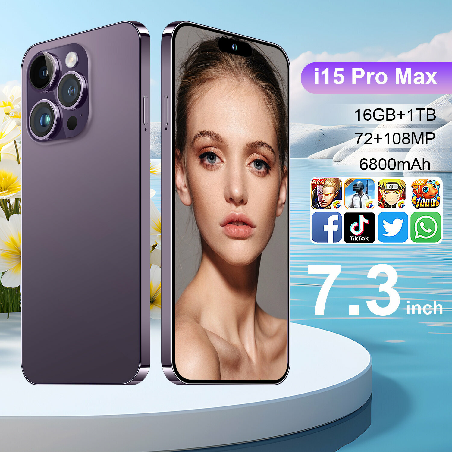 Смартфон i15 Pro Max, 7,3 дюйма, 16 гб, 1 Тб, камера 72 МП+108 Мп, Сеть 5G, фиолетовый — фото 1