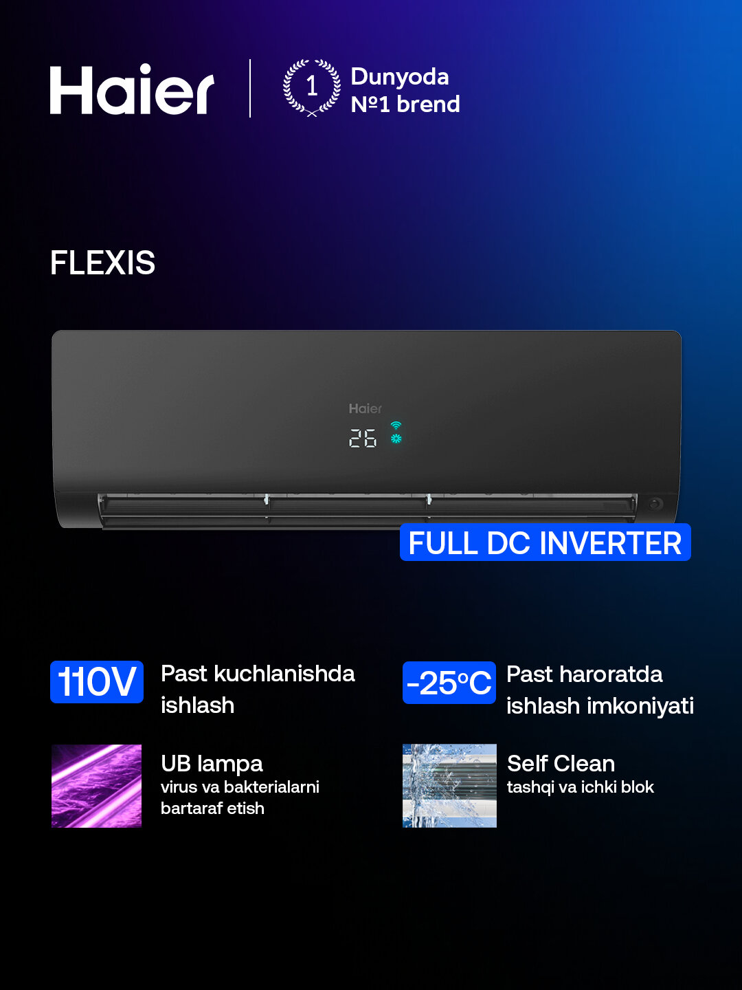 Кондиционер Haier AS35S2SF1FA-BUV/1U35S2SM1FA-EH, 35 m², инвертор, UV лампа, ЭКО датчик