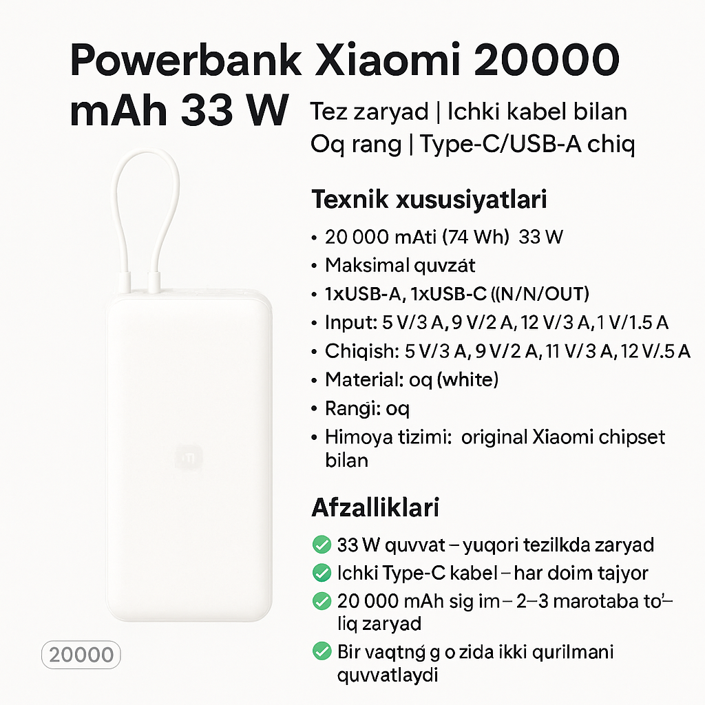 Внешний аккумулятор Xiaomi, 20000 mAh, быстрая зарядка 33Вт, с кабелем белый