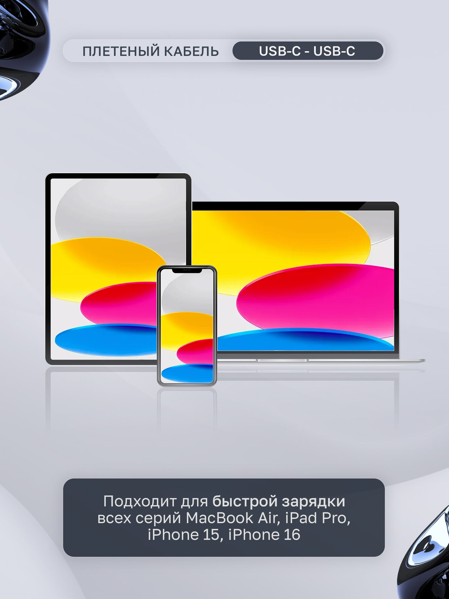 Кабель для айфона Type-C - Type-C, быстрая зарядка для iPhone/iPad/Android, кабель питания для айфон — фото 1