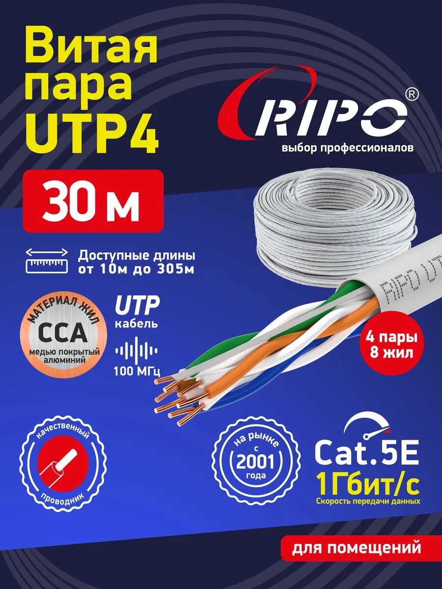 Кабель витая пара LAN UTP4 CAT5E 24AWG CCA 30 м
