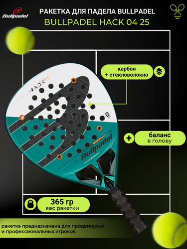 Изображение товара Ракетка для падел-тенниса BULLPADEL HACK 04 25, бирюзовый металлик, белый, черный