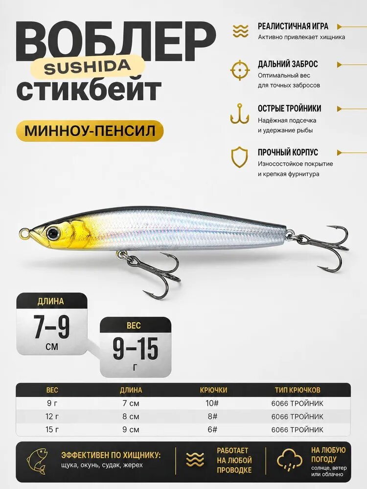 Воблер стикбейт(StickBait) Sushida 7-9 cм 9-15 г тонущий для жереха, щуки, судака