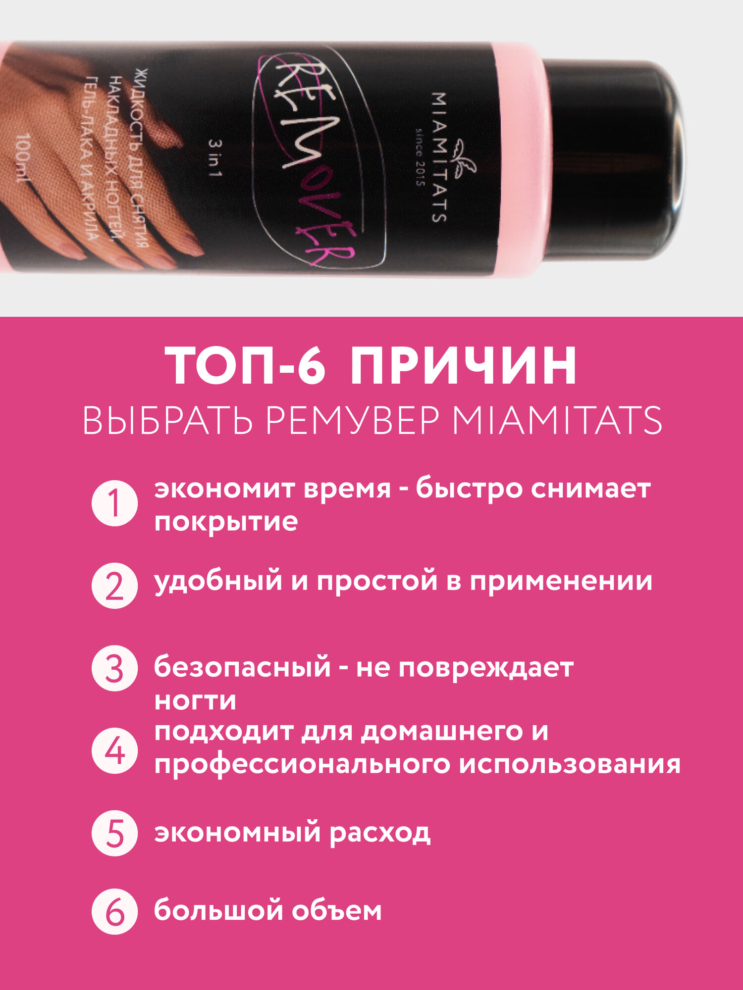 Жидкость Для Снятия Лака MIAMITATS REMOVER Жидкость для снятия накладных ногтей, гель-лака, лака и акрила