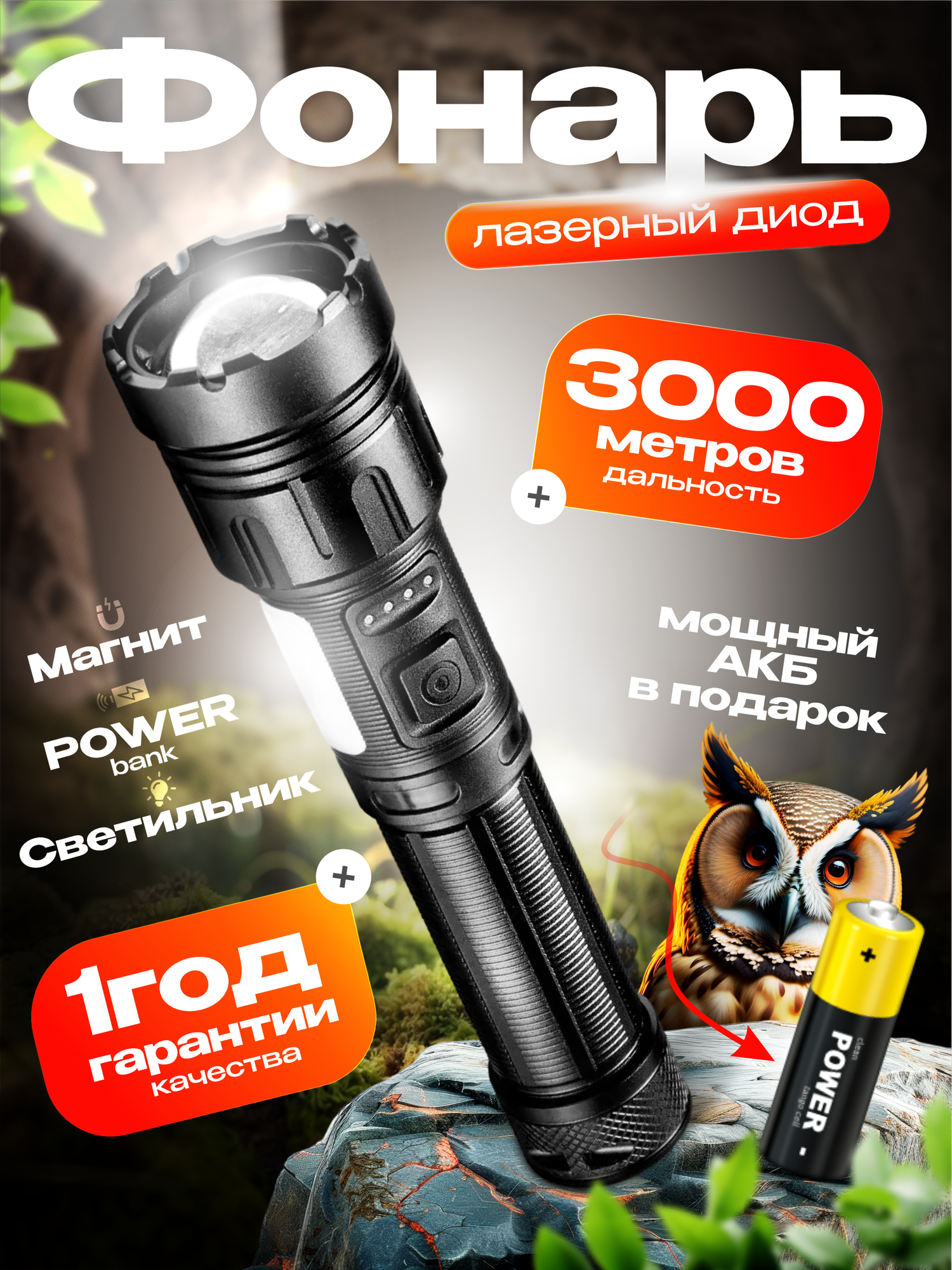 Фонарик ручной аккумуляторный светодиодный с зарядкой и мощным магнитом