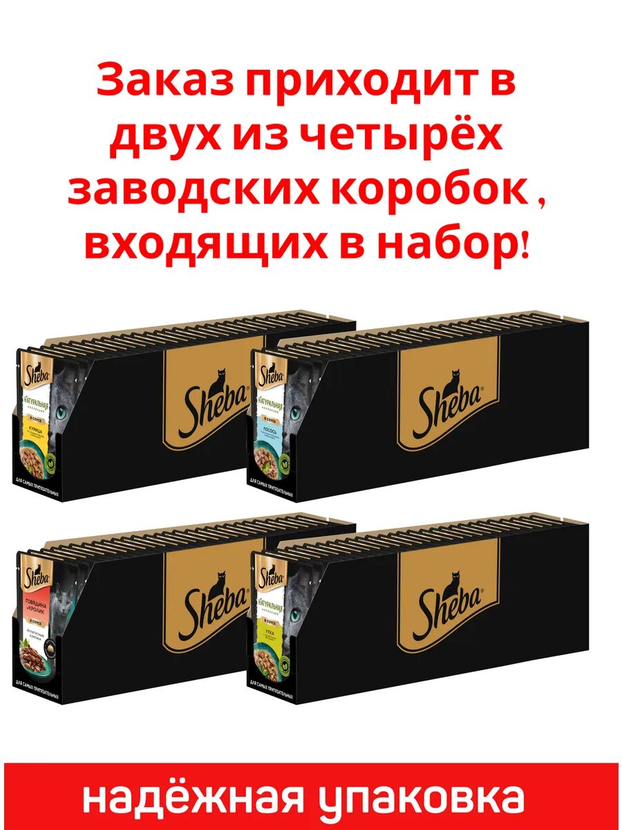 Влажный корм для кошек Sheba, микс вкусов в соусе: с курицей, с говядиной и кроликом, с лососем, с уткой, 56 шт по 75 г — фото 1