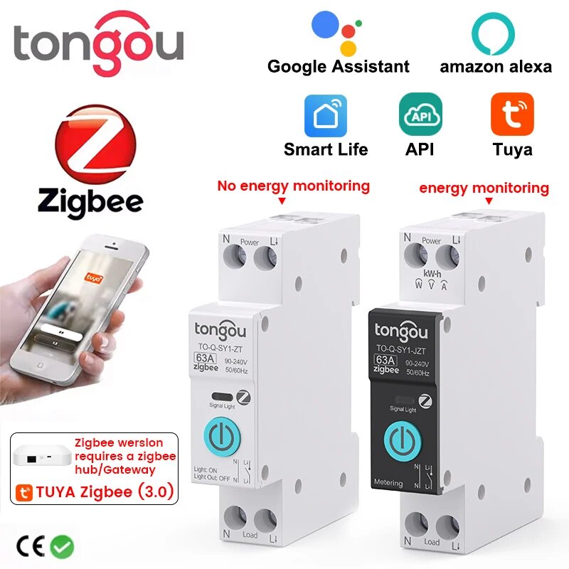 Автоматический выключатель TONGOU ZigBee 1P 63A, ZigBee 63A, White No metering