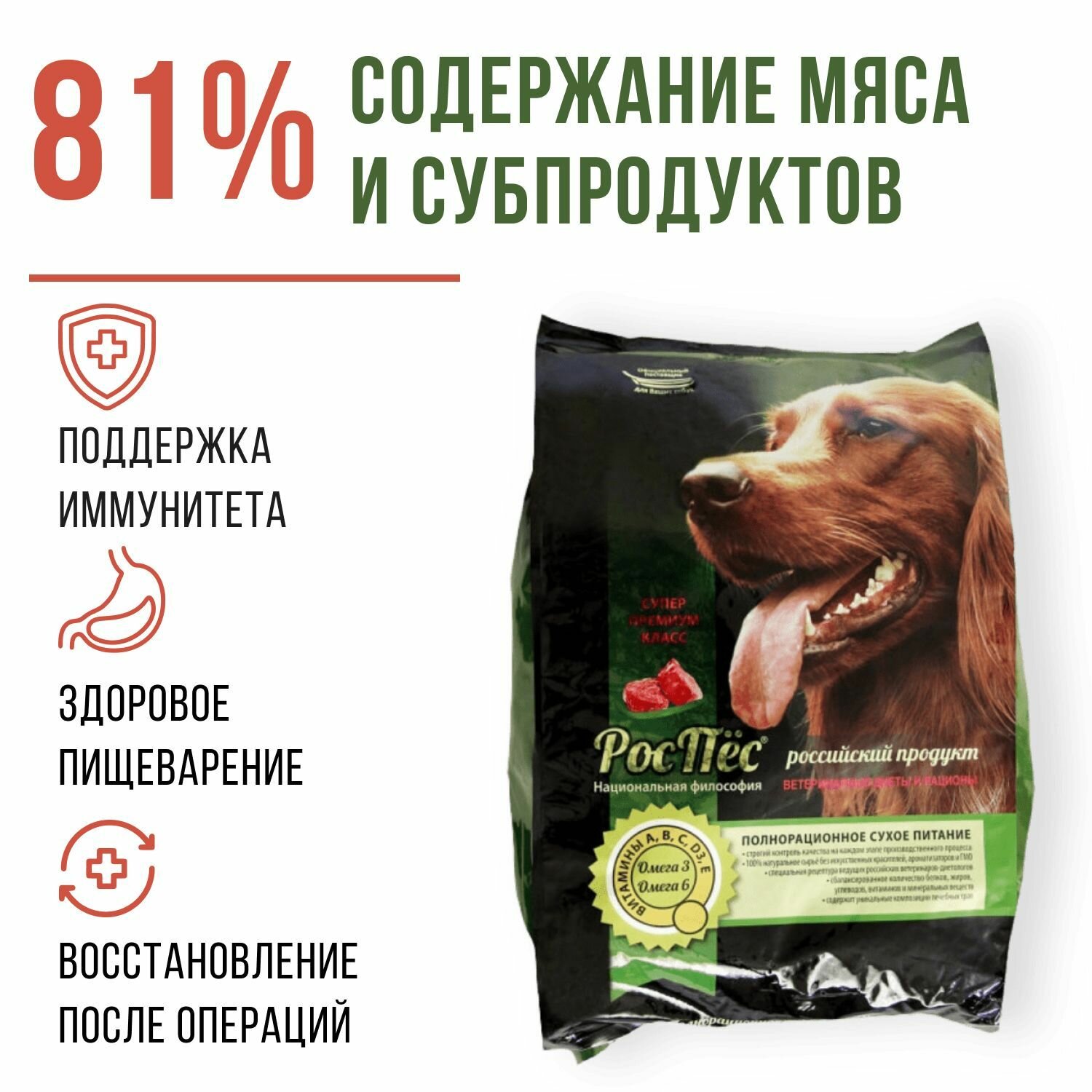 Сухой корм для взрослых собак супер премиум класса РосПёс, Иммуно-Актив, с ягненком и рисом, 15 кг — фото 1