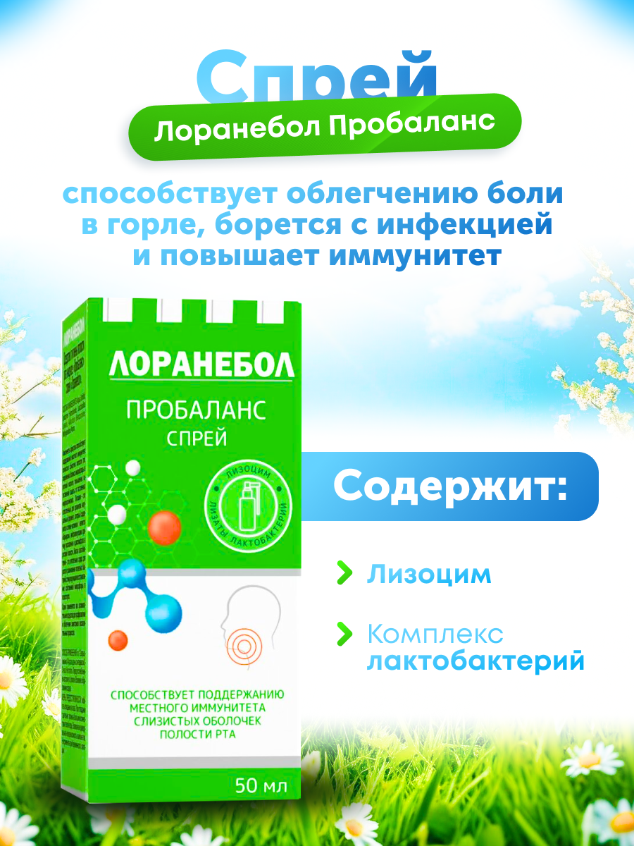 Изображение Лоранебол Пробаланс спрей для полости рта и горла, для поддержания иммунитета, 50 мл