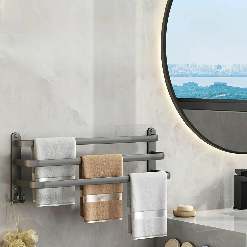Держатель для полотенец с крючками настенный серый алюминиевый сплав
