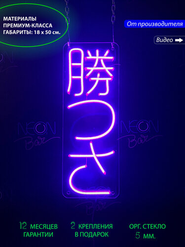 Изображение товара Неоновый светильник, неоновая светодиодная вывеска на стену / Иероглифы на японском, надпись "Мы победим", 18 х 50 см.