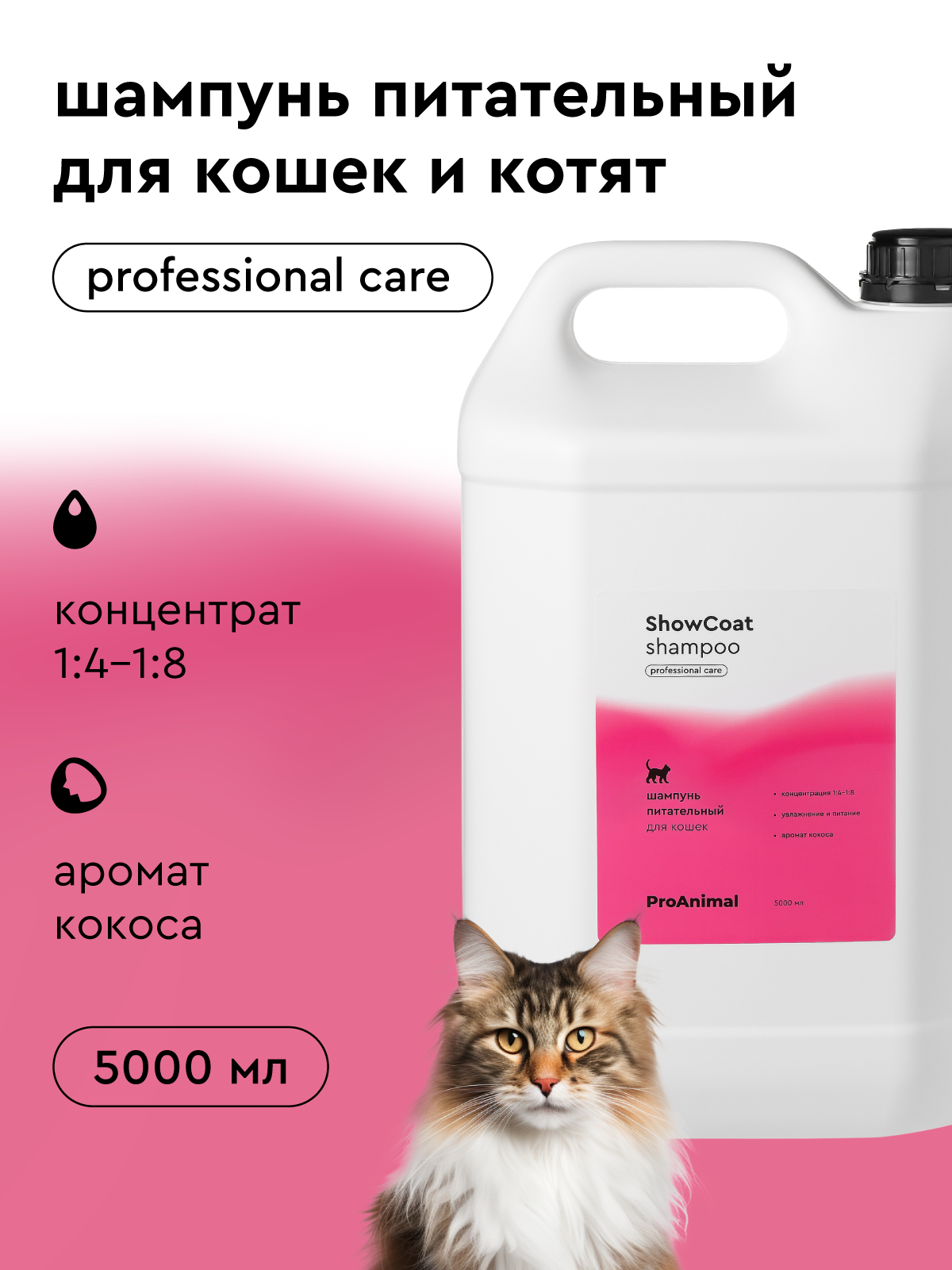 Профессиональный шампунь для кошек и котят, для длинношерстных и короткошерстных пород, Pamilee ShowCoat, 5л, концентрат