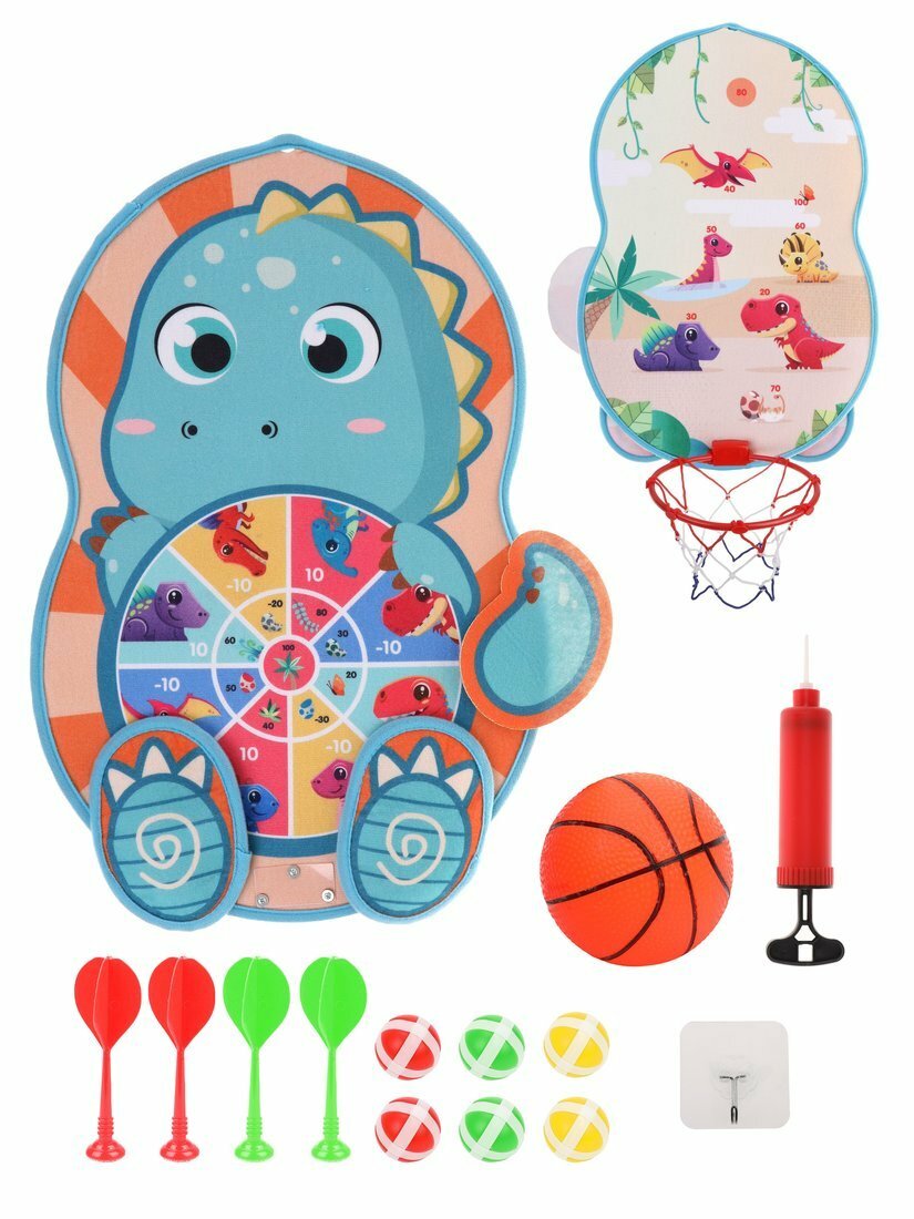 Дартс двусторонний Дино Moby Kids. 2 в 1 с баскетбольным кольцом. 4 дротика и 6 шариков, мяч, насос