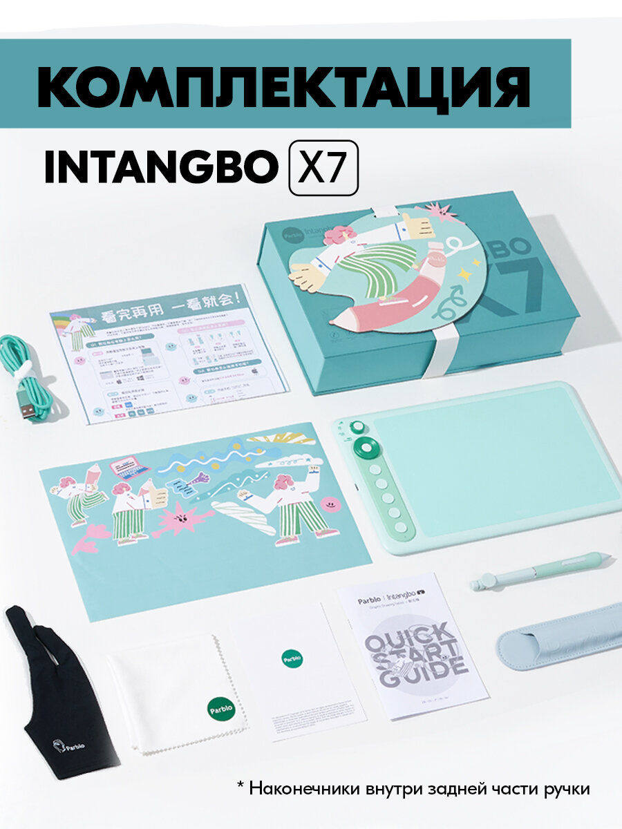 Графический планшет Parblo Intangbo X7 Green для рисования на компьютере, зеленый, А5, 8192 уровней нажима, Dial-кольцо, 5080 LPI, поддержка наклона пера — фото 1