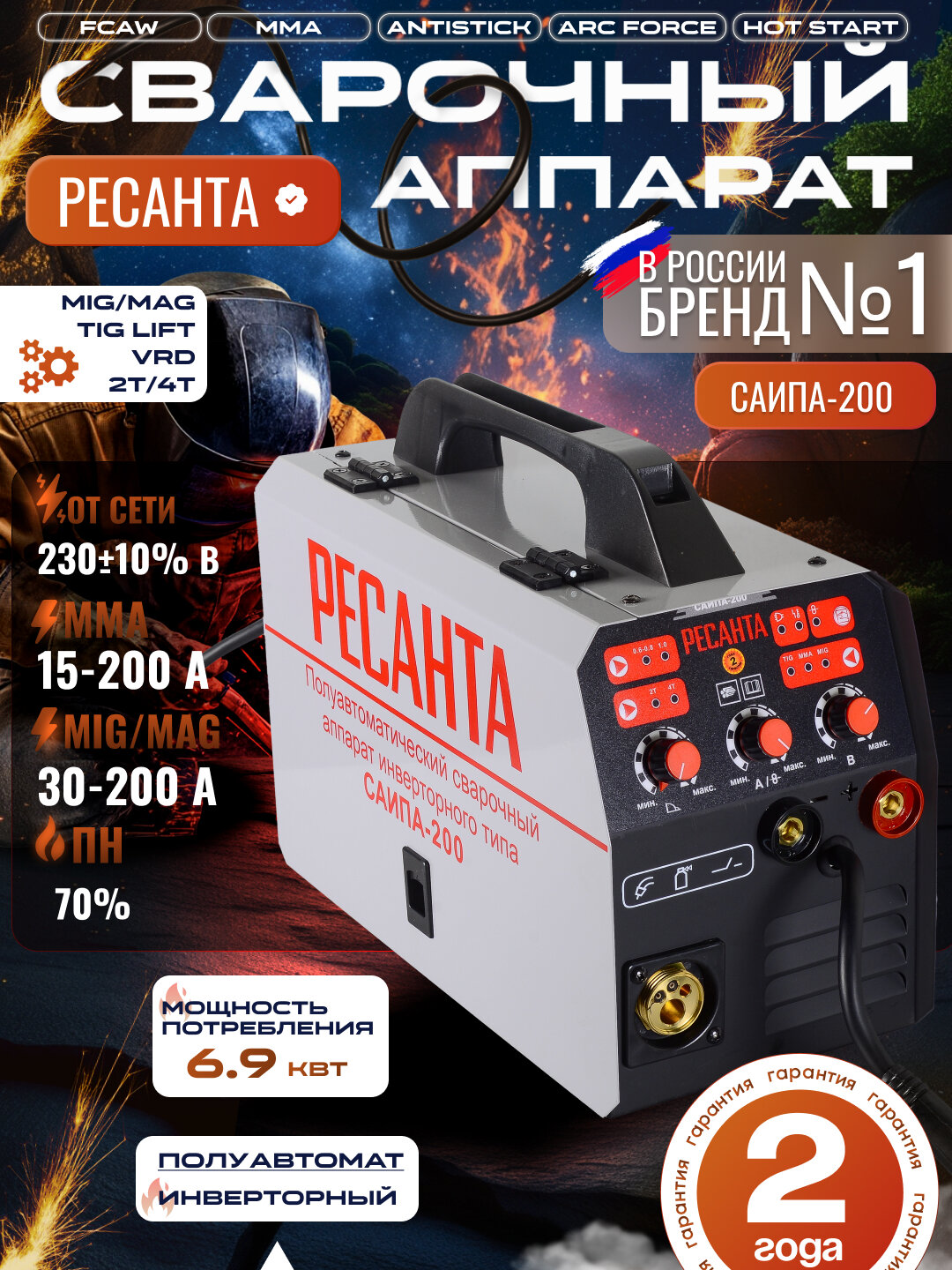 Сварочный инверторный полуавтомат САИПА-200 Ресанта, MMA, MIG/MAG,200А
