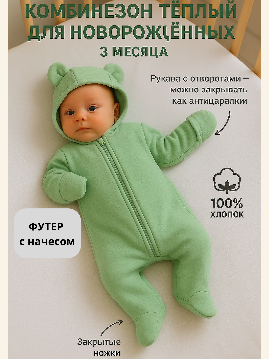 Комбинезон  Теплый комбинезон, закрытая стопа, размер 3 мес, зеленый