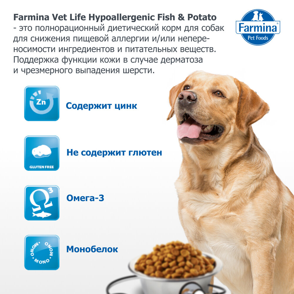 Картинки Сухой корм Vet Life Dog Hypoallergenic для собак при пищевой аллергии Рыба и картофель, 2 кг.