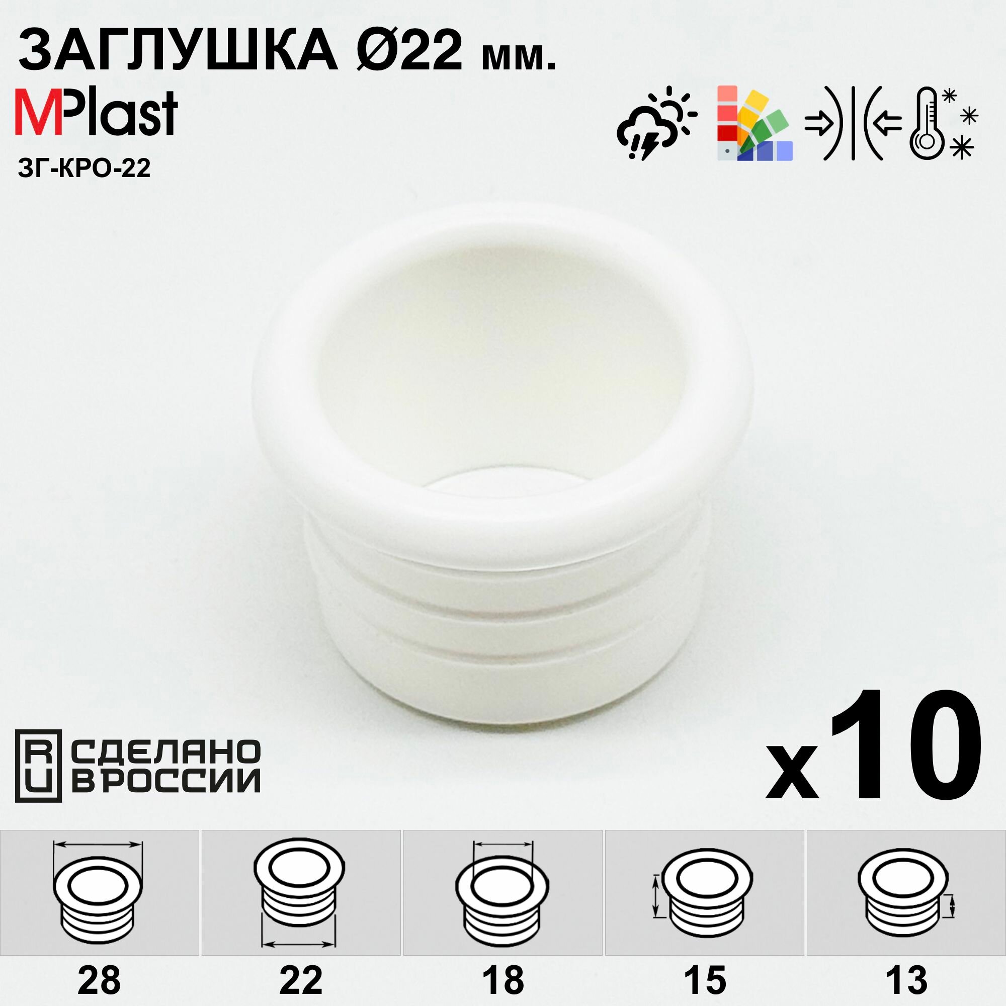 Заглушка круглая 22 мм с отверстием для кабеля декоративная для труб и профилей пластиковая мебельная белая 10 шт.