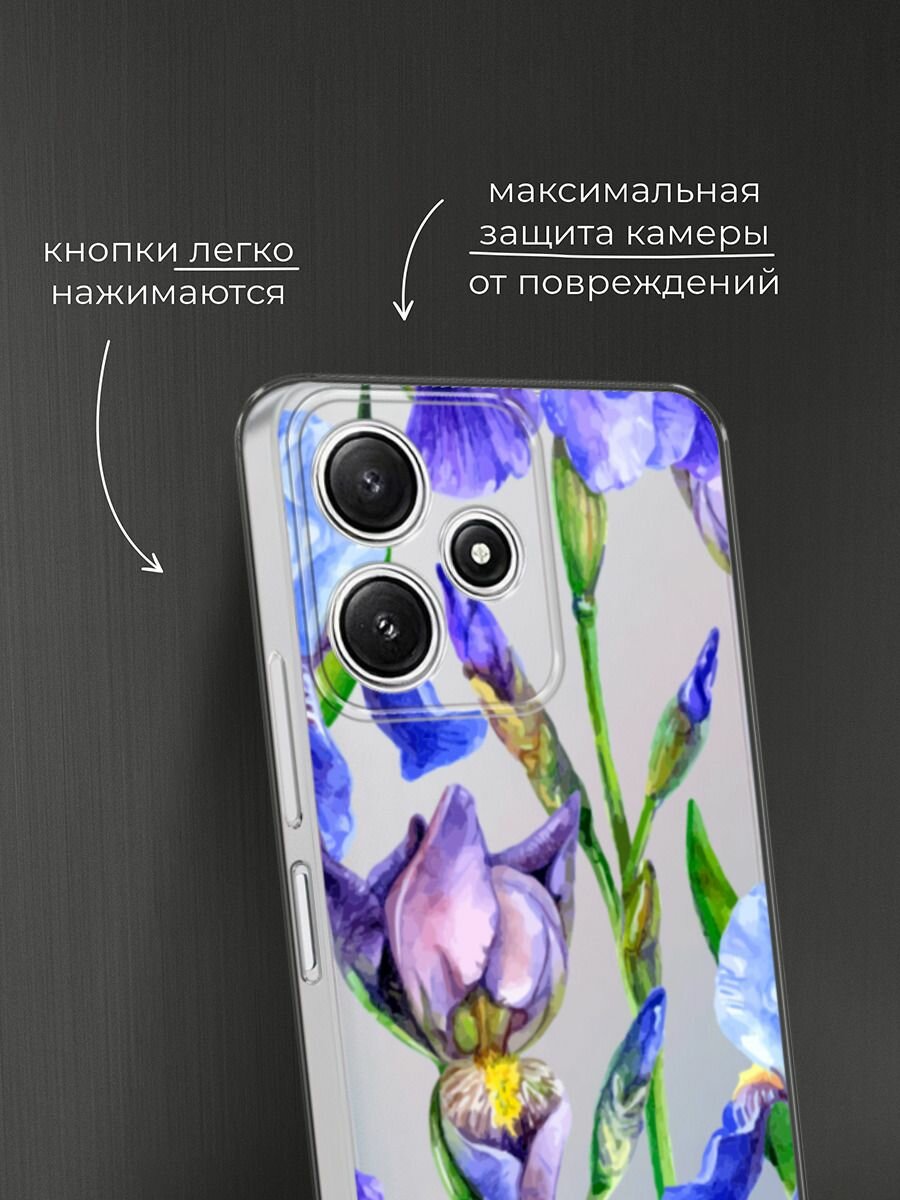 Чехол на Xiaomi Redmi 12 5G / Сяоми Редми 12 5G с принтом "Синие ирисы", прозрачный — фото 1