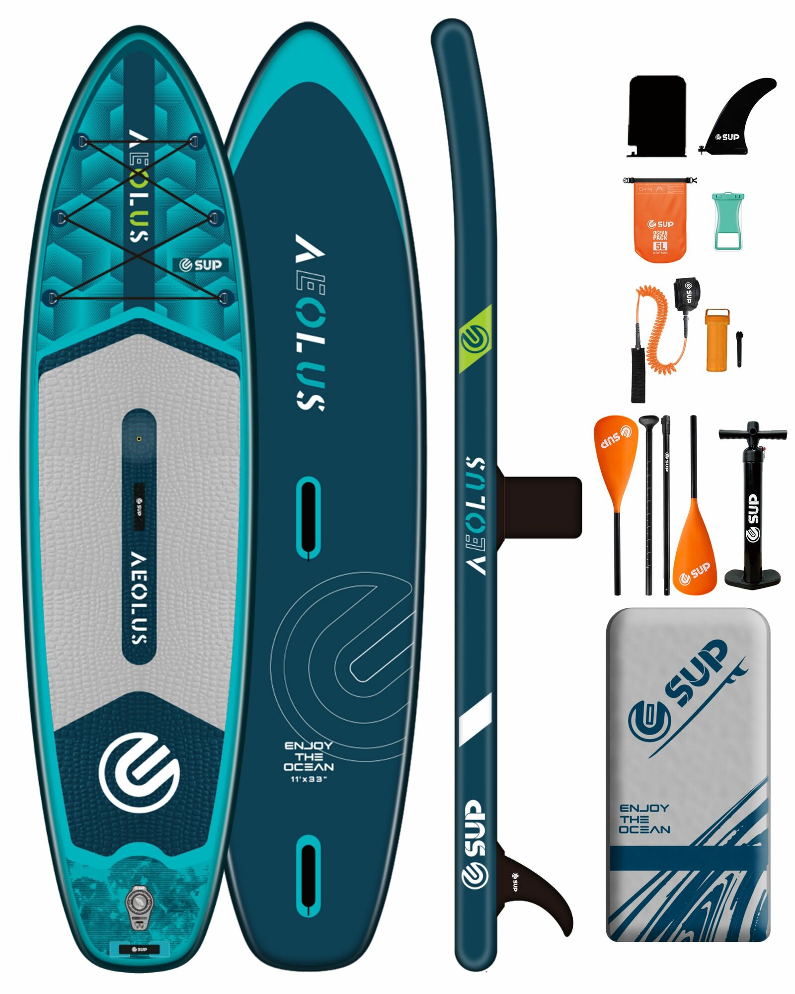 Сапборд надувной двухслойный E-SUP AEOLUS 11' (335х84х15 см) для виндсёрфинга и SUP-катания, со креплением под парус