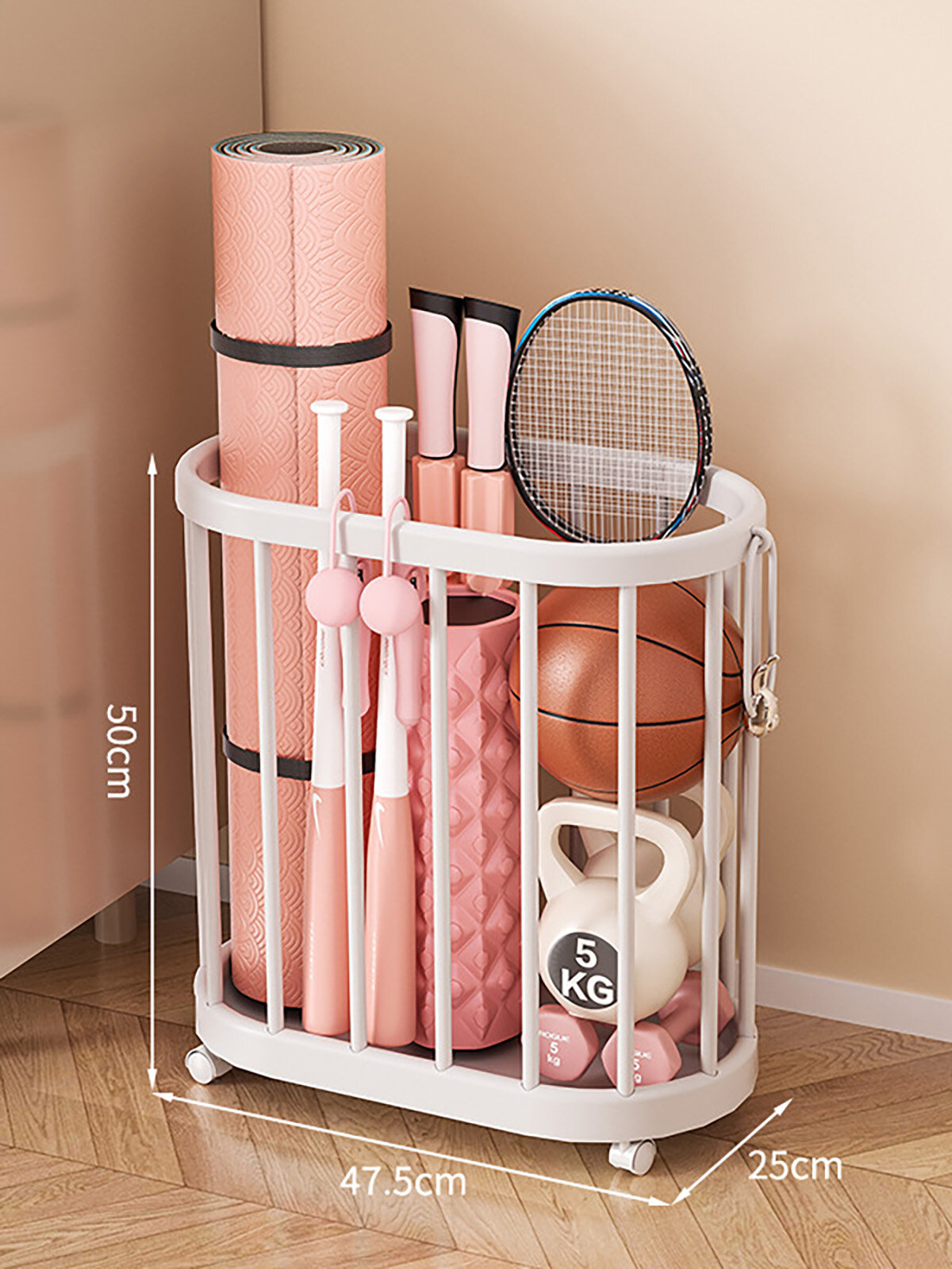Корзина для хранения коврика для йоги с универсальным колесом, белый цвет