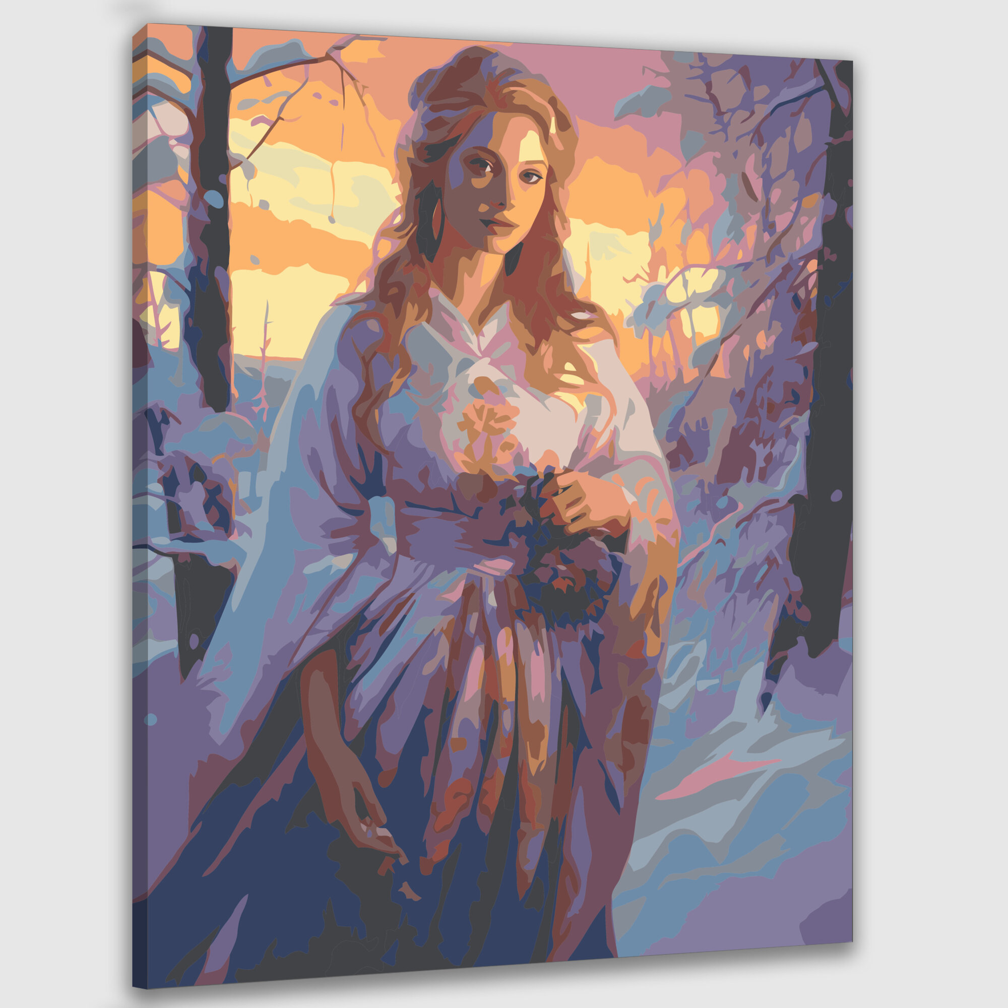 Картина по номерам 40x50 см, картина маслом, Снегурочка, славянская мифология, заснеженный лес, закат солнца