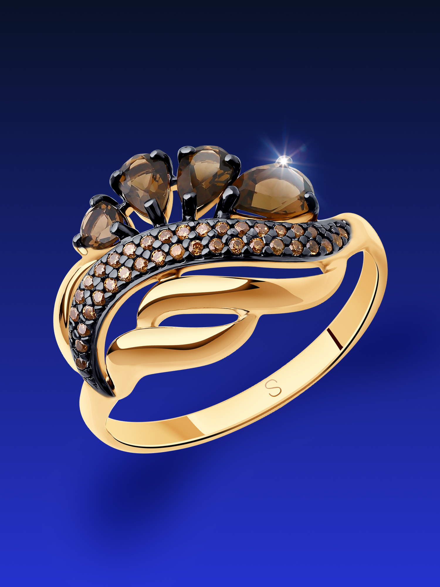 Кольцо SOKOLOV, серебро, 925 проба, золочение, раухтопаз, фианит, размер 16.5, коричневый — фото 1