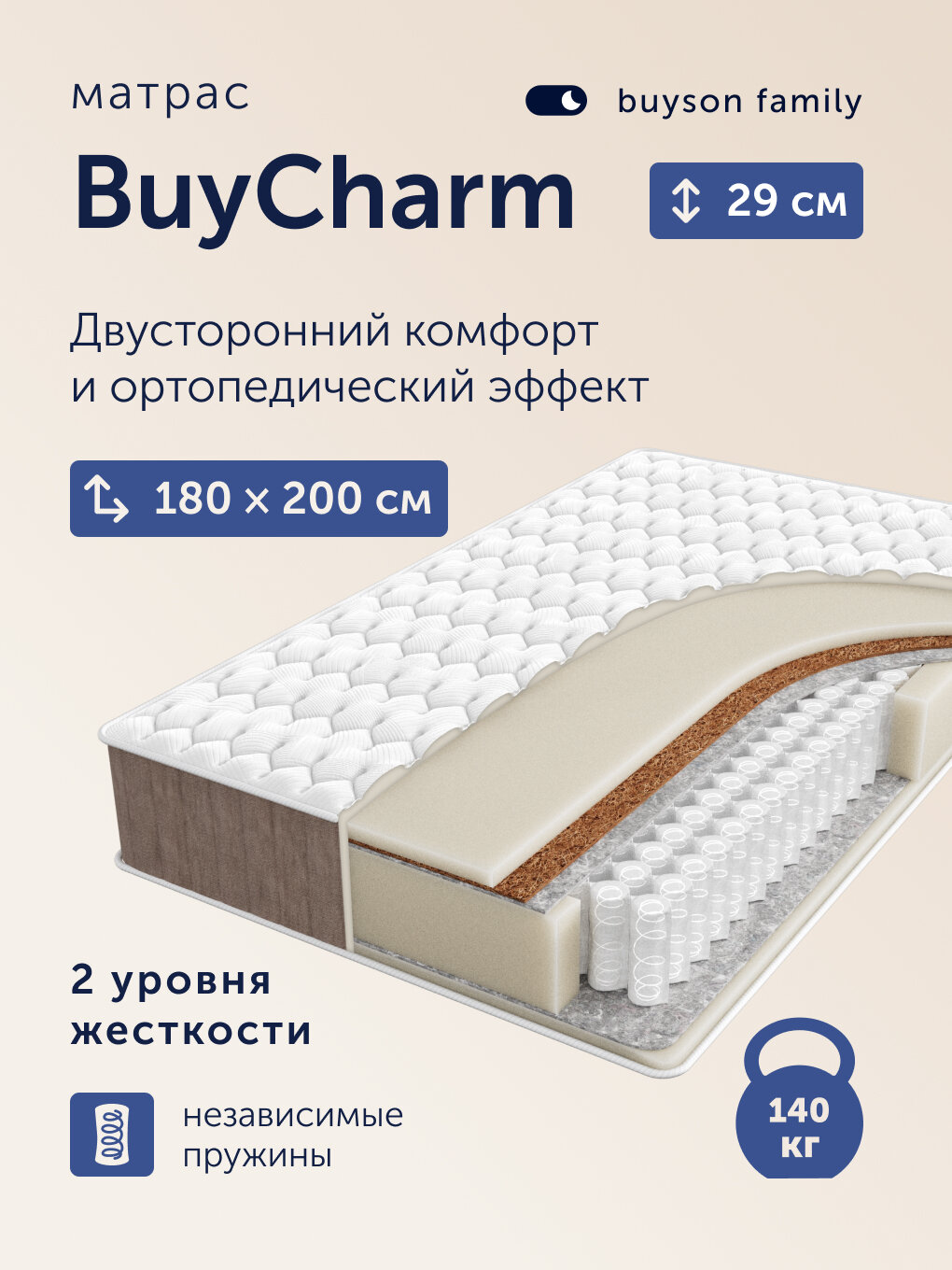 Разносторонний матрас buyson family BuyCharm, независимые пружины,180х200 см
