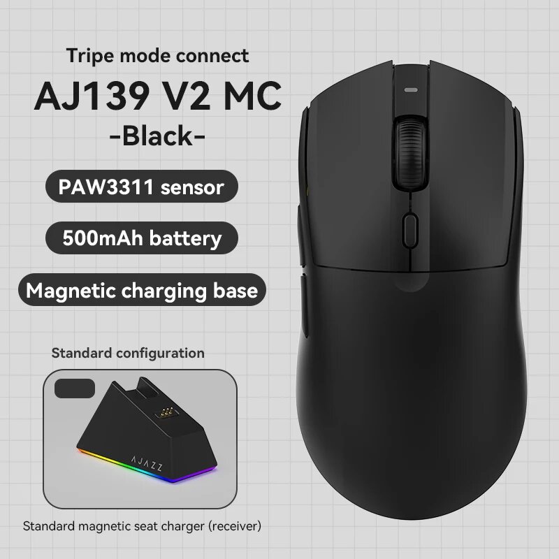 Беспроводная игровая мышь AJAZZ AJ139 V2 MC 12000 точек на дюйм PAW3311, игровой датчик с зарядной док-станцией для портативных ПК, AJ139 V2 MC