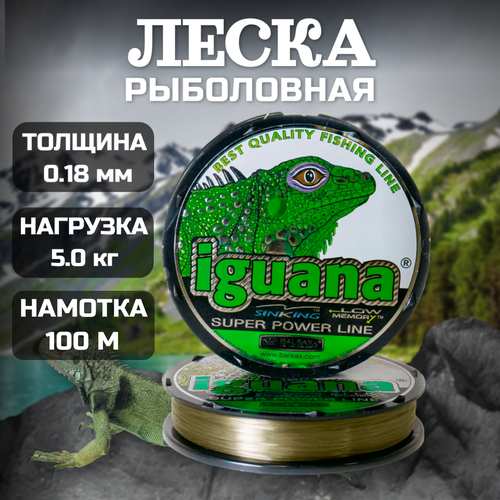 Леска для рыбалки монофильная Iguana зеленая 100м, 0,18 мм, тест 5.0 кг