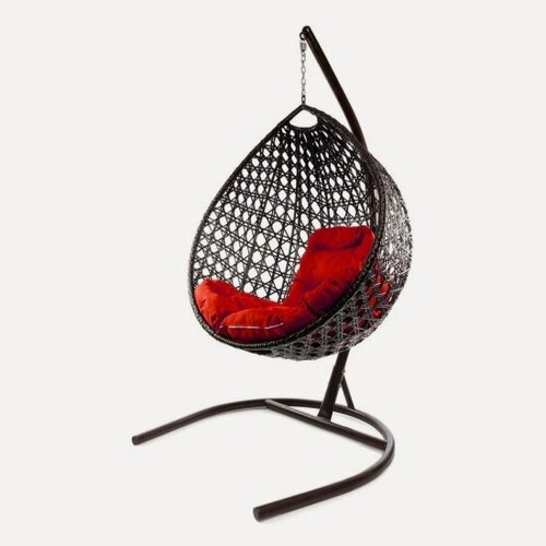 Изображение товара Подвесное кресло кокон M-group Капля с ротангом Люкс коричневое+красная подушка