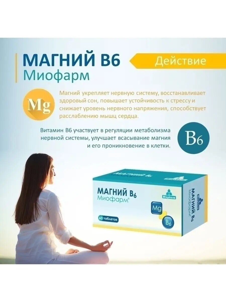 Изображение Магний цитрат с витаминами В6 Миофарм 60 таб, 345 мг + В6 от стресса, для нормализации сна, успокоительное средство
