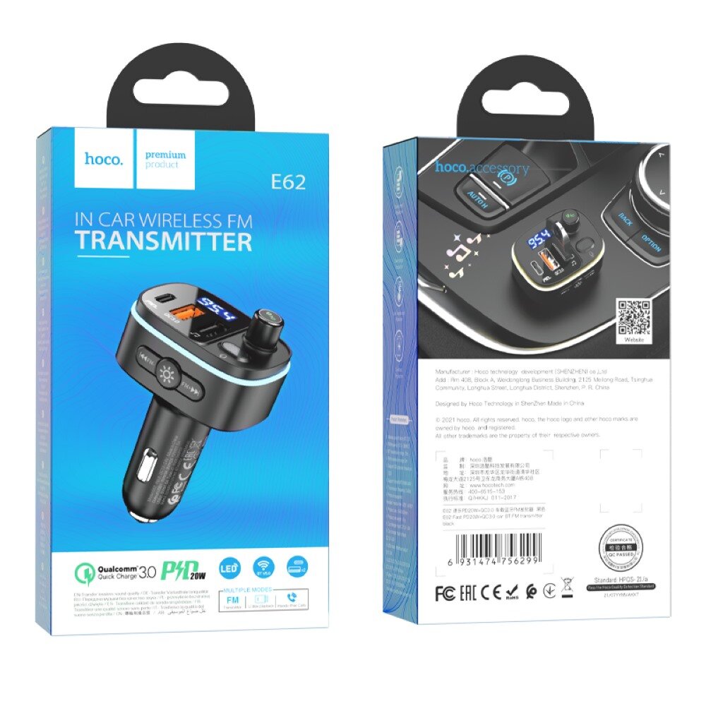 FM - модулятор (трансмиттер) HOCO E62 Fast, bluetooth v.5.0, 2 x USB-A QC3.0, Type-C PD 20W (Черный)