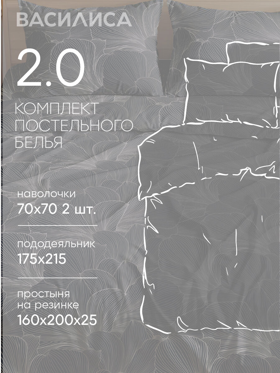 Постельное белье Василиса 2-спальное, простыня на резинке, Перкаль, наволочки 70х70 см, Контурный мотив — фото 1