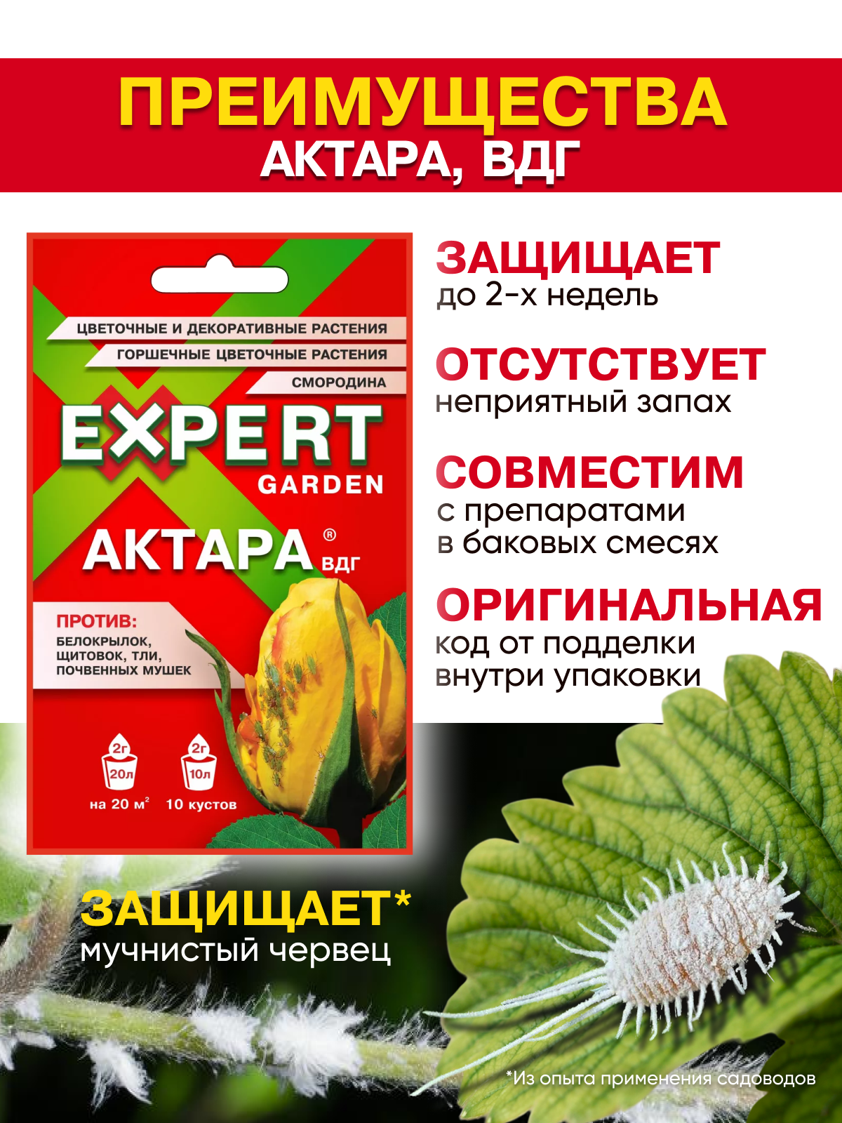 EXPERT GARDEN средство для защиты растений и цветов от колорадского жука, тли, белокрылки, трипсов, щитовок, почвенных мушек, грибных комариков, цикадки, Актара ВДГ 2гр, инсектицид для растений