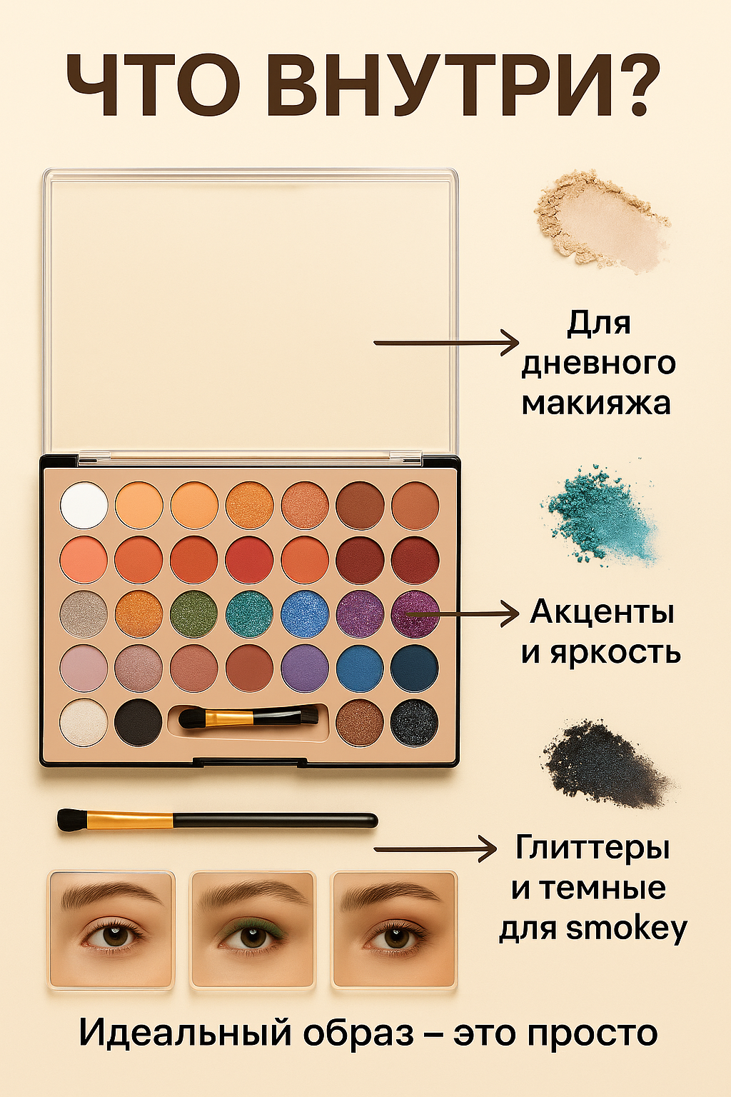 Тени для век, большая палетка для макияжа 36 цветов, водостойкие матовые, глиттерные, перламутровые, яркие и нюдовые цвета, универсальная для всех типов кожи, 20 г — фото 1