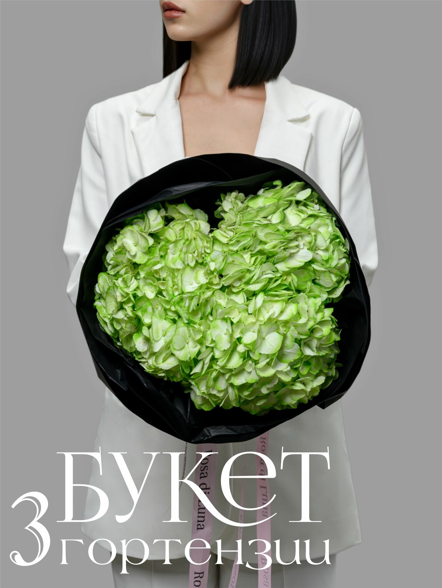 Букет из трех Зеленых Гортензий в черной упаковке с розовой лентой