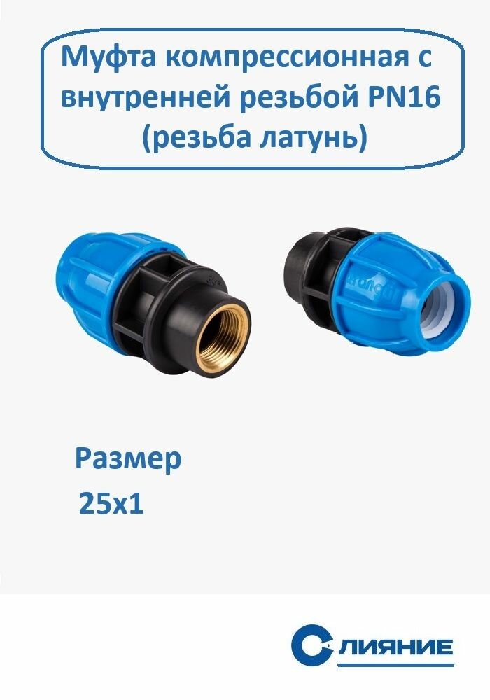 Муфта компрессионная с внутренней резьбой 25х1 для ПНД труб (PN16) Резьба Латунь