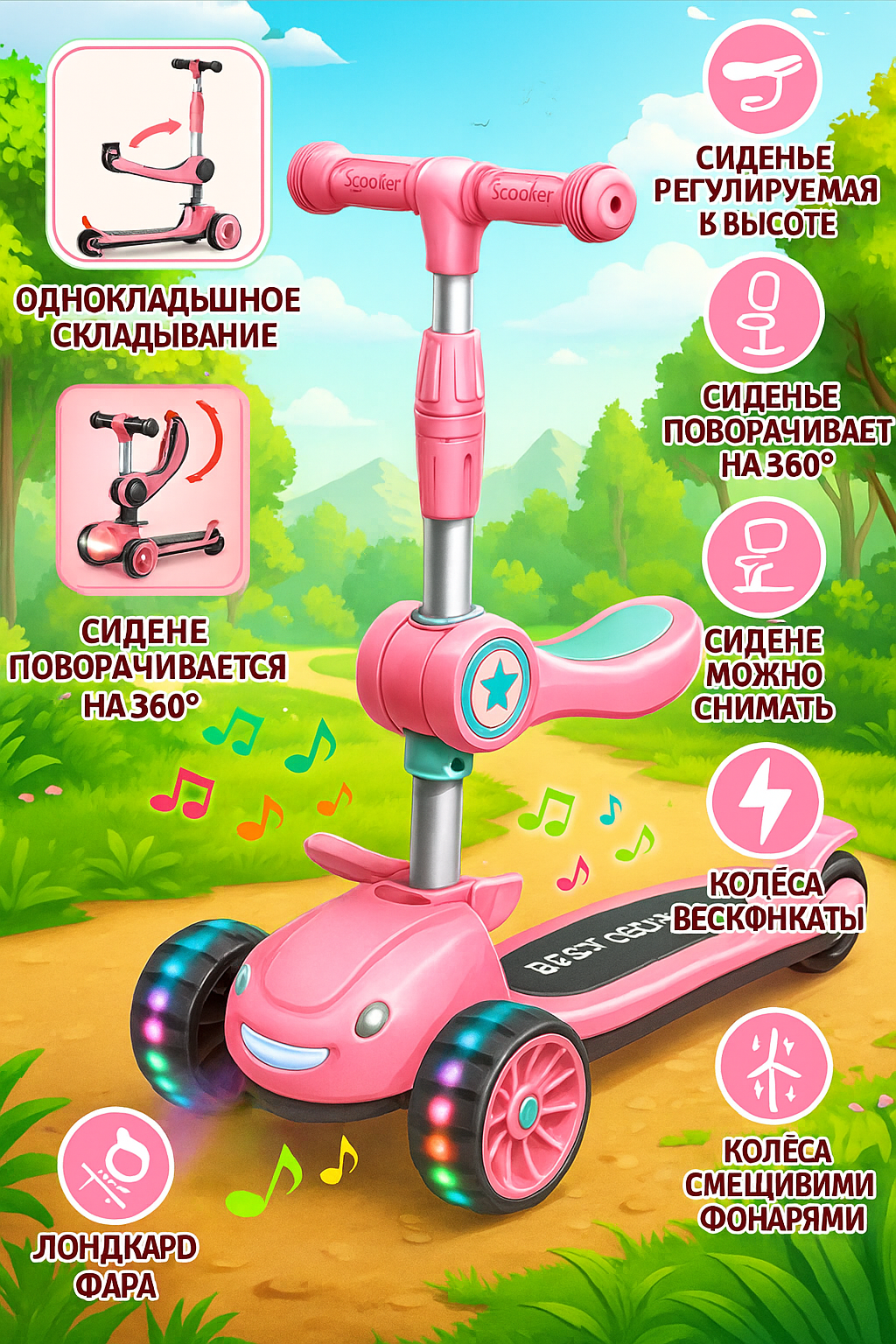 Самокат для детей, с горящими колесами, для мальчиков и девочек самокат трансформер 4 в 1, детский самокат с сиденьем. — фото 1
