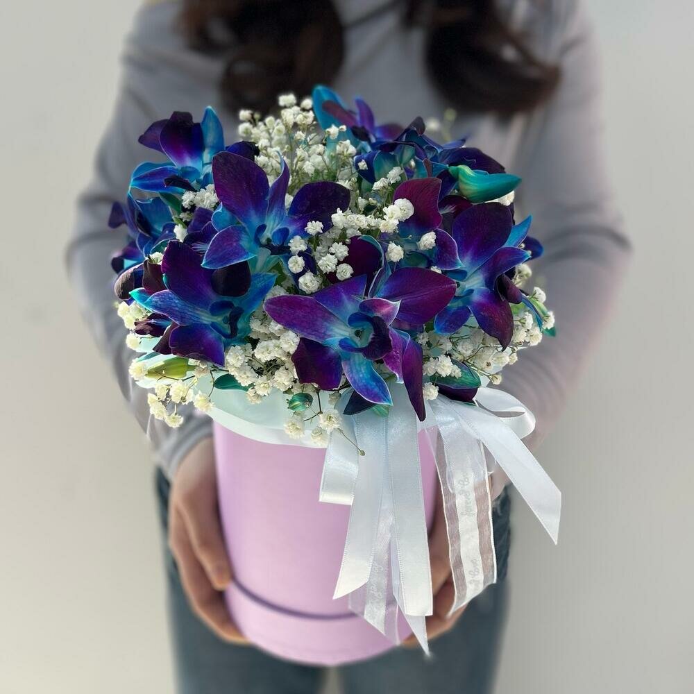 Композиция из космической орхидеи с гипсофилой в коробке - римская роза