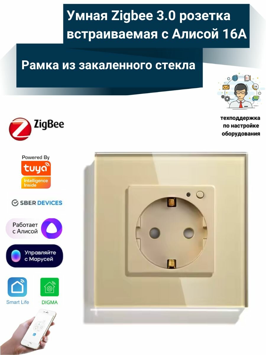 Умная розетка встраиваемая с Алисой 16А Zigbee 3.0 с таймером и голосовым управлением стеклянная gold