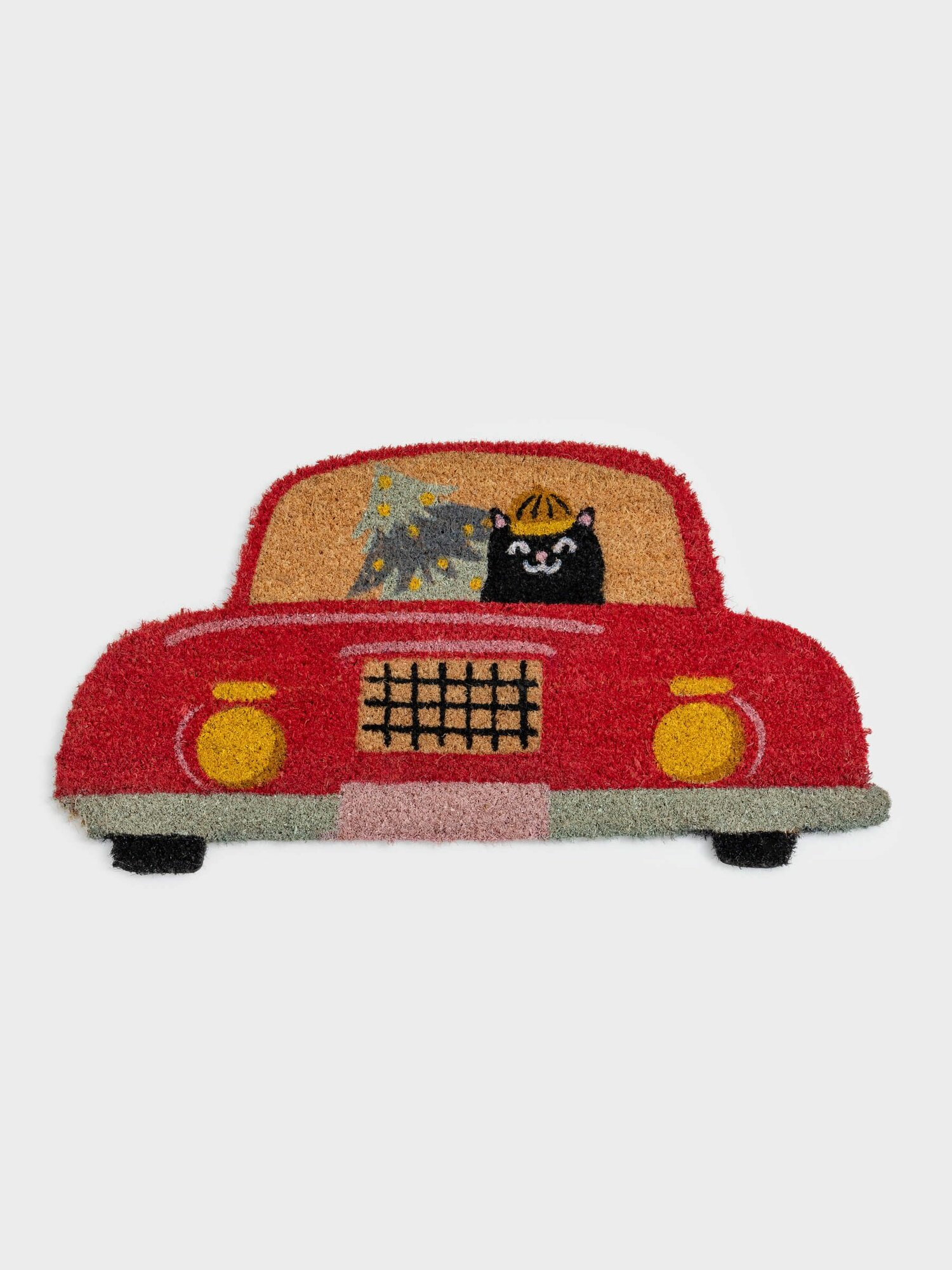 Коврик придверный 40х80 см кокос/ПВХ фигурный красный Машина с елкой Red car