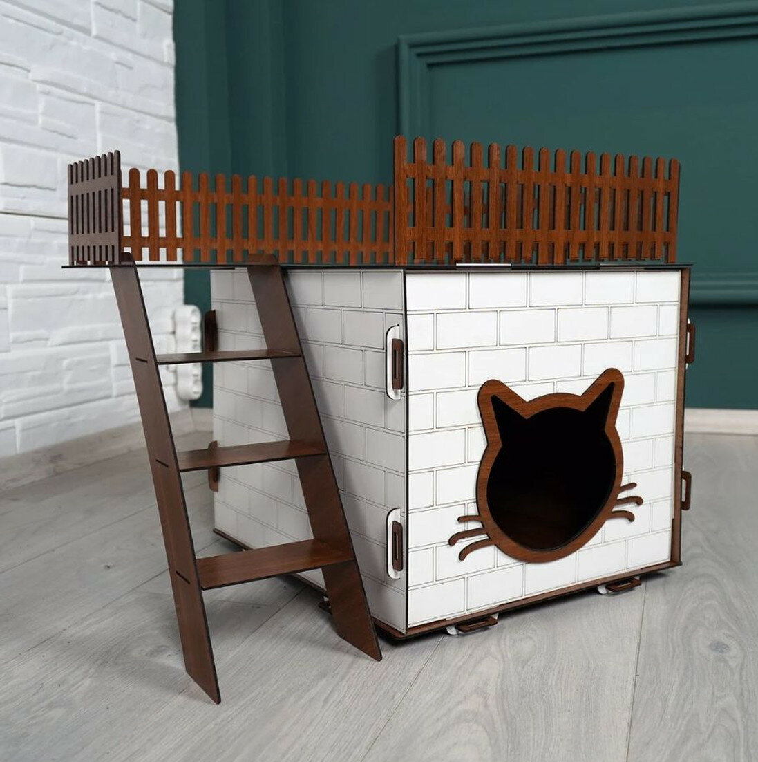 Домик для кошки двухэтажный с лестницей и лежаком 52х60х47 Игровой комплекс для кошек