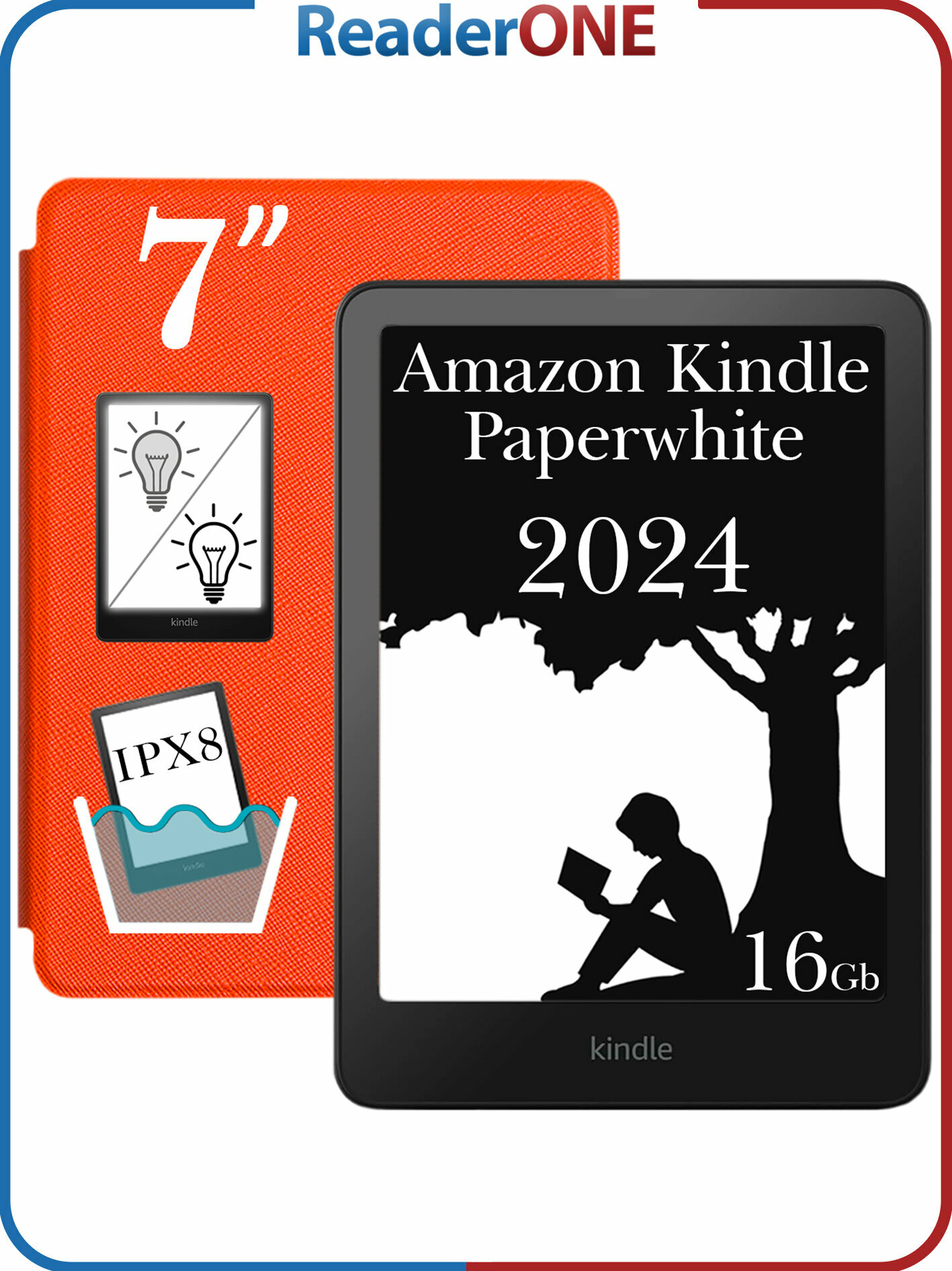 Электронная книга Amazon Kindle PaperWhite 12 2024 16Gb Black (рекламная версия) с обложкой ReaderONE, Orange