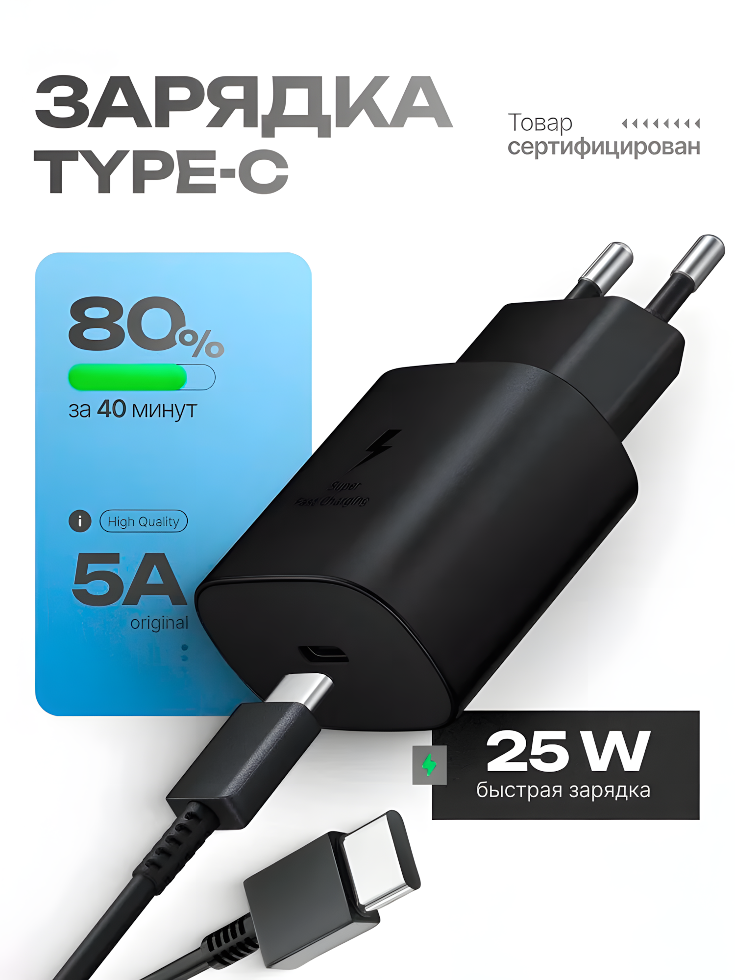 Оригинал Samsung 25W PD адаптер с кабелем USB-C to USB-C, быстрая зарядка
